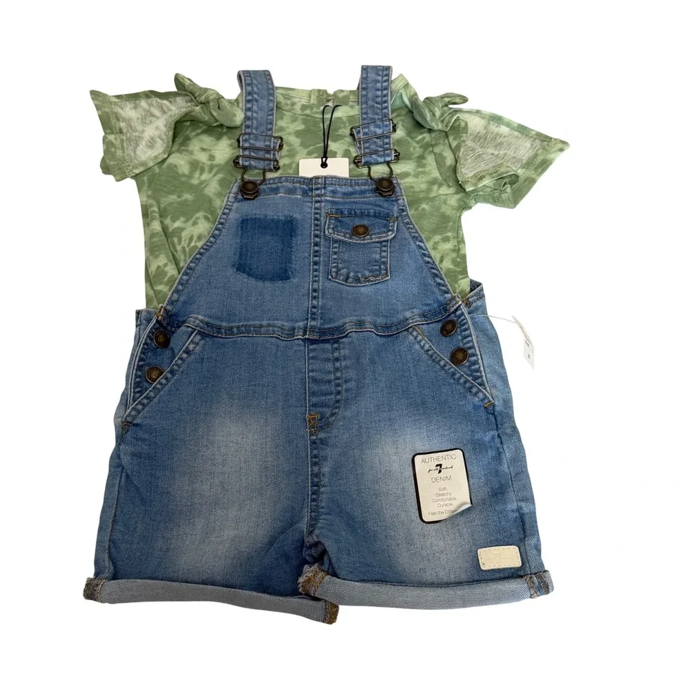 7 For All Mankind Girls 3T‎ Denim Shortalls & Green Tie Dye T-Shirt Outfit Boho